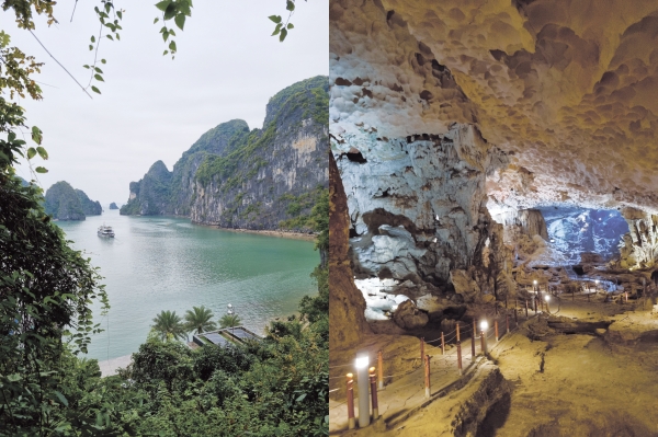 ▲Stunning view of the Halong Bay and the chamber in the Dau Go Cave (from left)