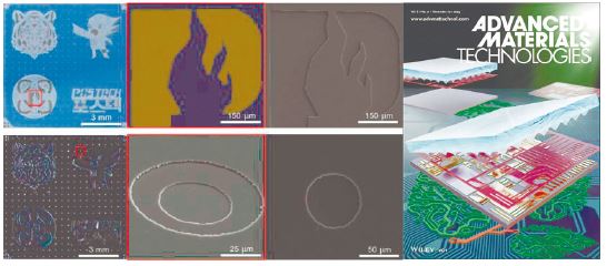 ▲Optical and magnified SEM images of silicon shadow mask and front inside cover of Advanced Materials Technologies