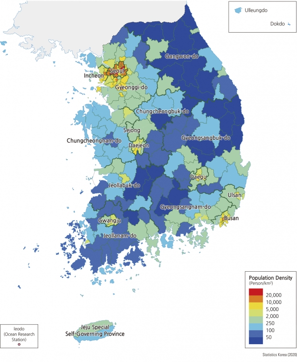 ▲Population density of the Korea showing the concentration in the capital / The National Atlas of Korea
